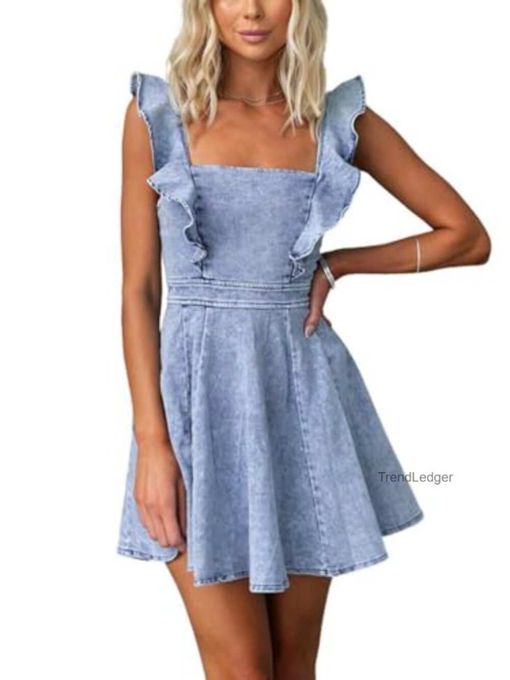 Denim Babydoll Mini Dress Ruffle Adjustable Strap Backless